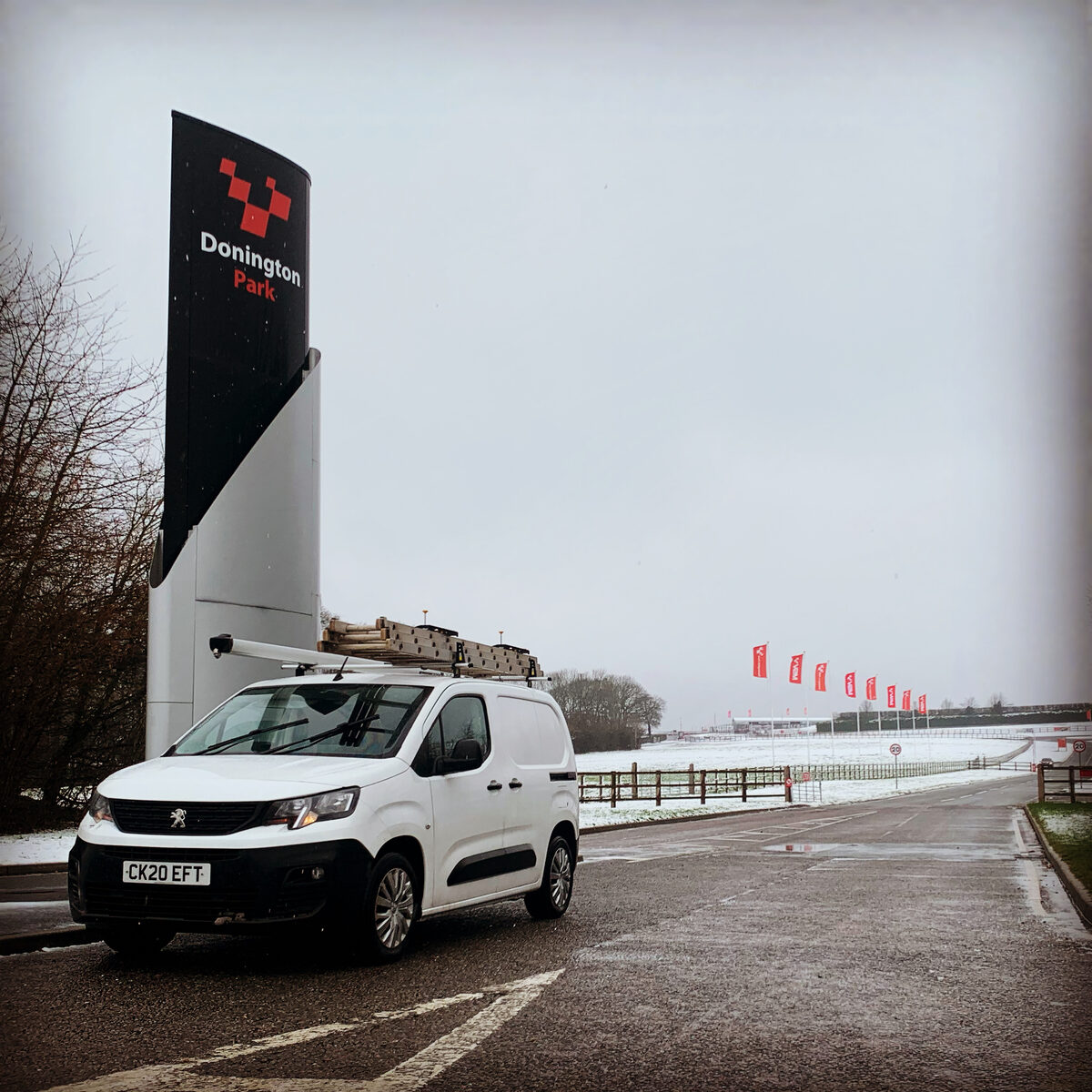 J4 Security Systems van at Donington Park racing circuit in winter